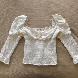 Reformation White Smocked Blouse with Puff Sleeves
